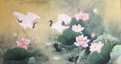 汪林日记-国画工笔画《荷花双鹤》，尺寸六尺98x180cm，附局部仙鹤图，新完成的荷花配仙【图3】