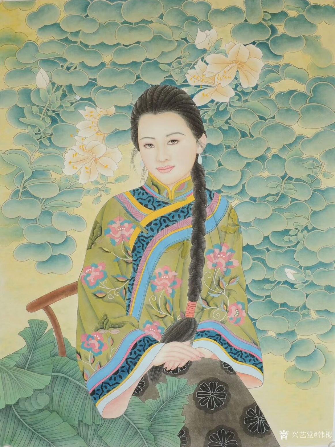 韩梅国画作品《民国妆美女图》