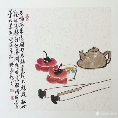石梦松日记-国画写意小品画《不喝酒来不吃肉》，尺寸四尺斗方60x60cm，一壶茶两卷画，题文【图1】