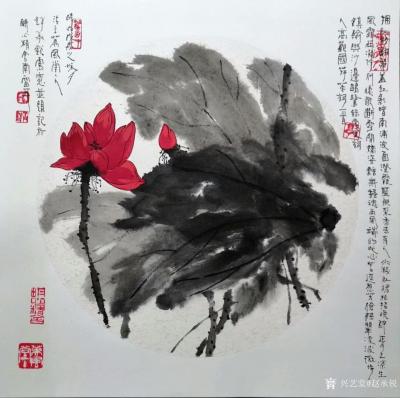 赵承锐日记-国画荷花水墨画作品《红影暗南浦》《烟雨风荷》《煙罩荷塘》，请欣赏。
第一幅国画【图1】