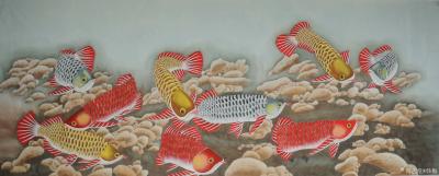 韩梅日记-国画工笔画鱼系列作品《金龙鱼》，尺寸小六尺68x180cm，附局部图，刚刚画好，【图1】