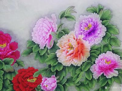 胡记领日记-国画花鸟工笔画牡丹系列《花开富贵》，尺寸六尺横幅180x96cm，另附近作国画花【图1】