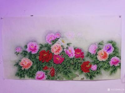 胡记领日记-国画花鸟工笔画牡丹系列《花开富贵》，尺寸六尺横幅180x96cm，另附近作国画花【图3】