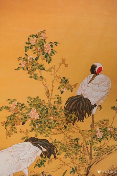 韩梅日记-国画花鸟仿古工笔画《鹤寿图》，尺寸四尺竖幅68x138cm，附局部图，仙鹤又名丹【图3】