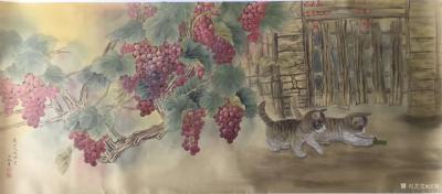 汪林日记-国画花鸟工笔画《小伙伴》，双猫图戏蝗图，尺寸160x69cm，附局部图，金秋时节【图1】