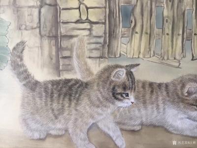 汪林日记-国画花鸟工笔画《小伙伴》，双猫图戏蝗图，尺寸160x69cm，附局部图，金秋时节【图2】