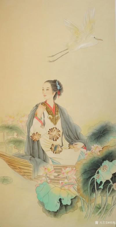 韩梅日记-国画人物工笔画《才女李清照》，尺寸四尺竖幅68x138cm。说起李清照，人们都会【图1】