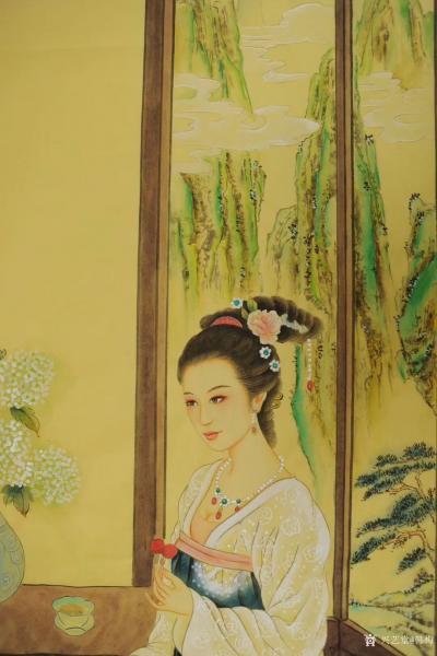 韩梅日记-国画人物工笔画《仕女图》美女吃荔枝，尺寸四尺竖幅68x138cm，《仕女图》古装【图2】