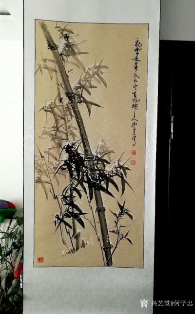 何学忠日记-2018年最后一幅国画花鸟《飞雪迎春》竹，完成。
  网购空白生宣全绫精裱画轴【图1】