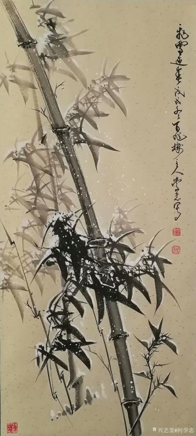 何学忠日记-2018年最后一幅国画花鸟《飞雪迎春》竹，完成。
  网购空白生宣全绫精裱画轴【图2】