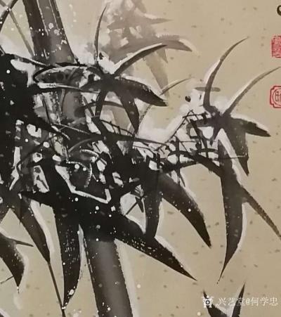 何学忠日记-2018年最后一幅国画花鸟《飞雪迎春》竹，完成。
  网购空白生宣全绫精裱画轴【图3】