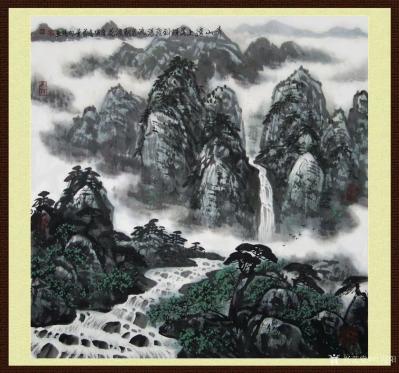 叶向阳日记-翰墨颂中华:《青山远上落辉斜飞瀑流泉翻浪花》，叶向阳国画山水画作品欣赏，尺寸六尺【图1】