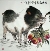 艺术家田光荣日记:乙亥年新作欣赏«春猪献寿»两幅，四尺斗方68x68cm，四尺【图1】