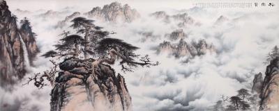 罗树辉日记-国画松树乙亥年新作《松云赞》，尺寸丈二横幅368×144厘米，好友石广生作诗，金【图1】