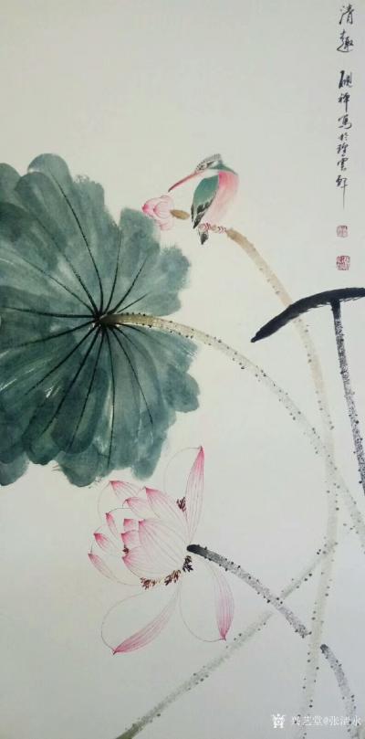 张清永日记-国画荷花乙亥年新作品«清气满乾坤»，«西湖一角»，«清趣»，共四幅，尺寸四尺竖幅【图1】