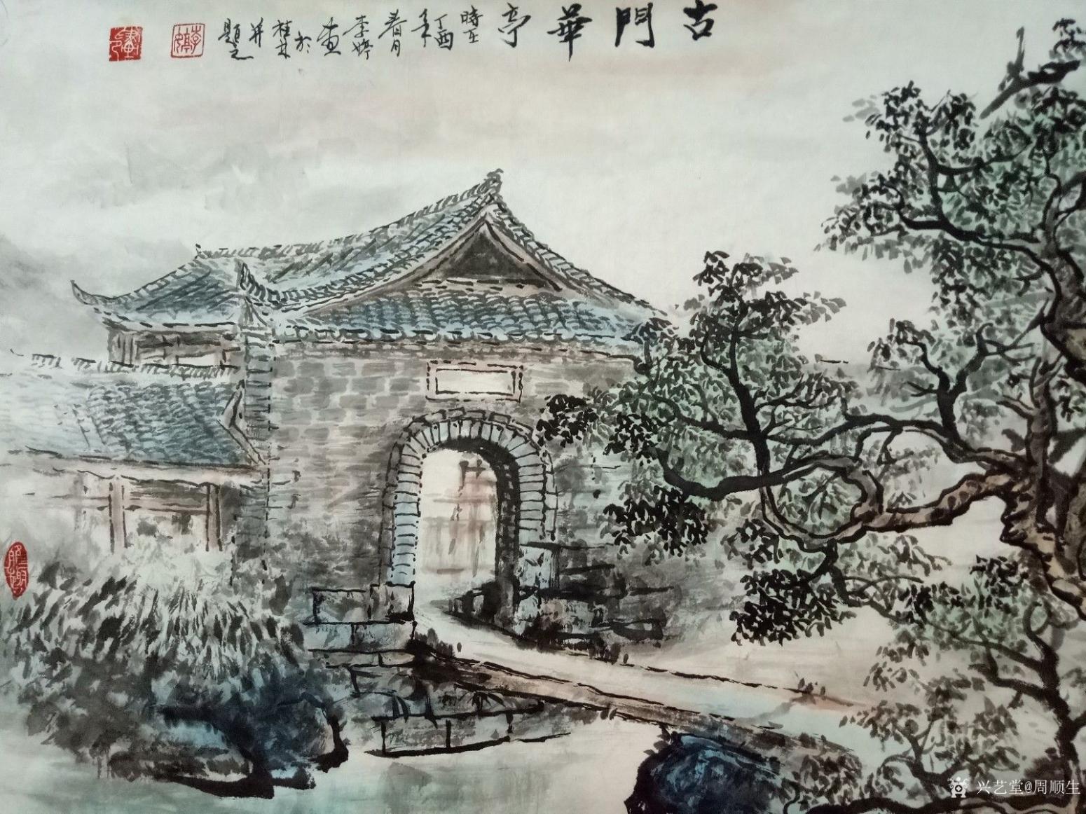 周顺生国画作品《四尺三开古门华亭》【图0】