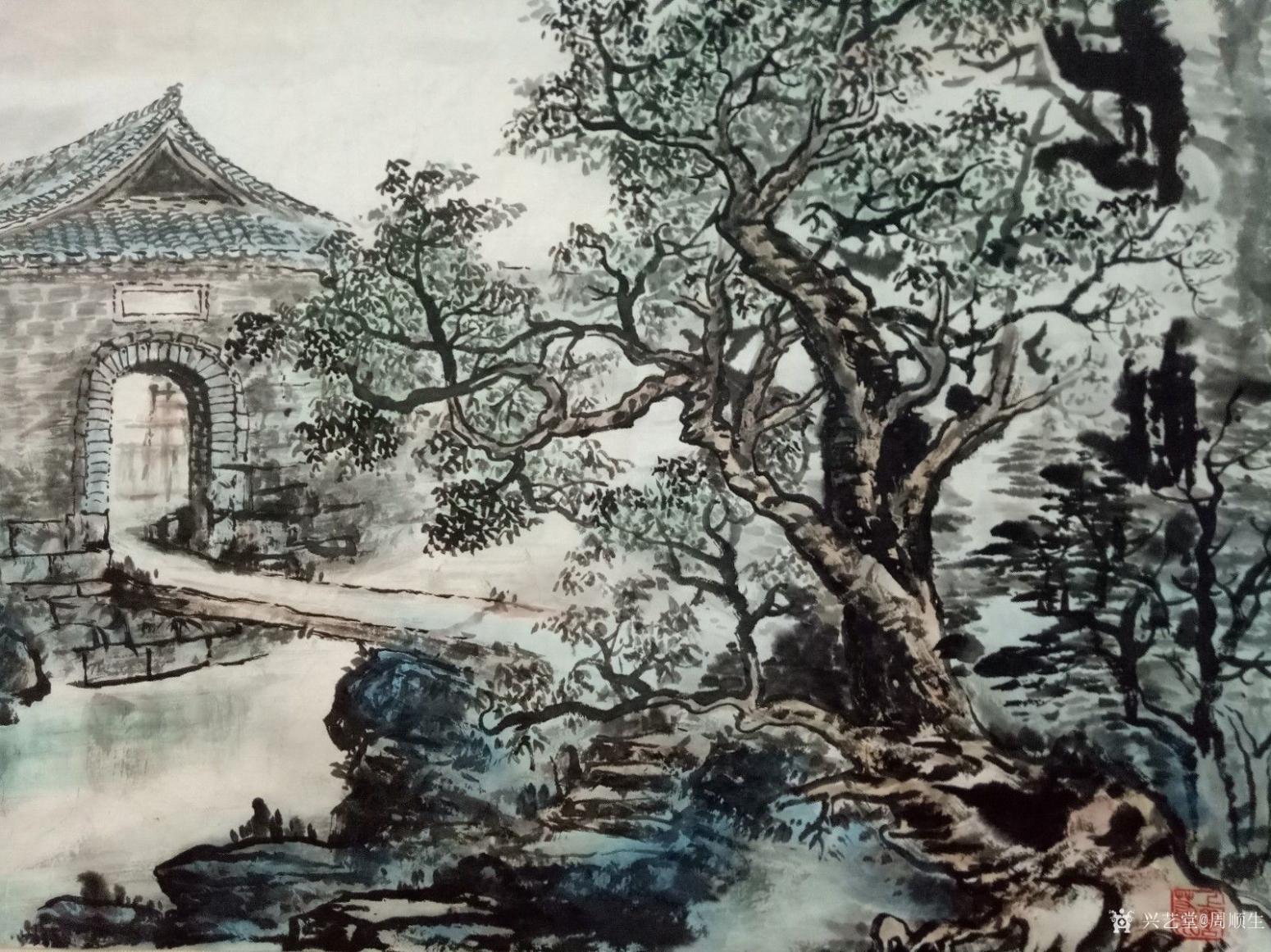周顺生国画作品《四尺三开古门华亭》【图1】