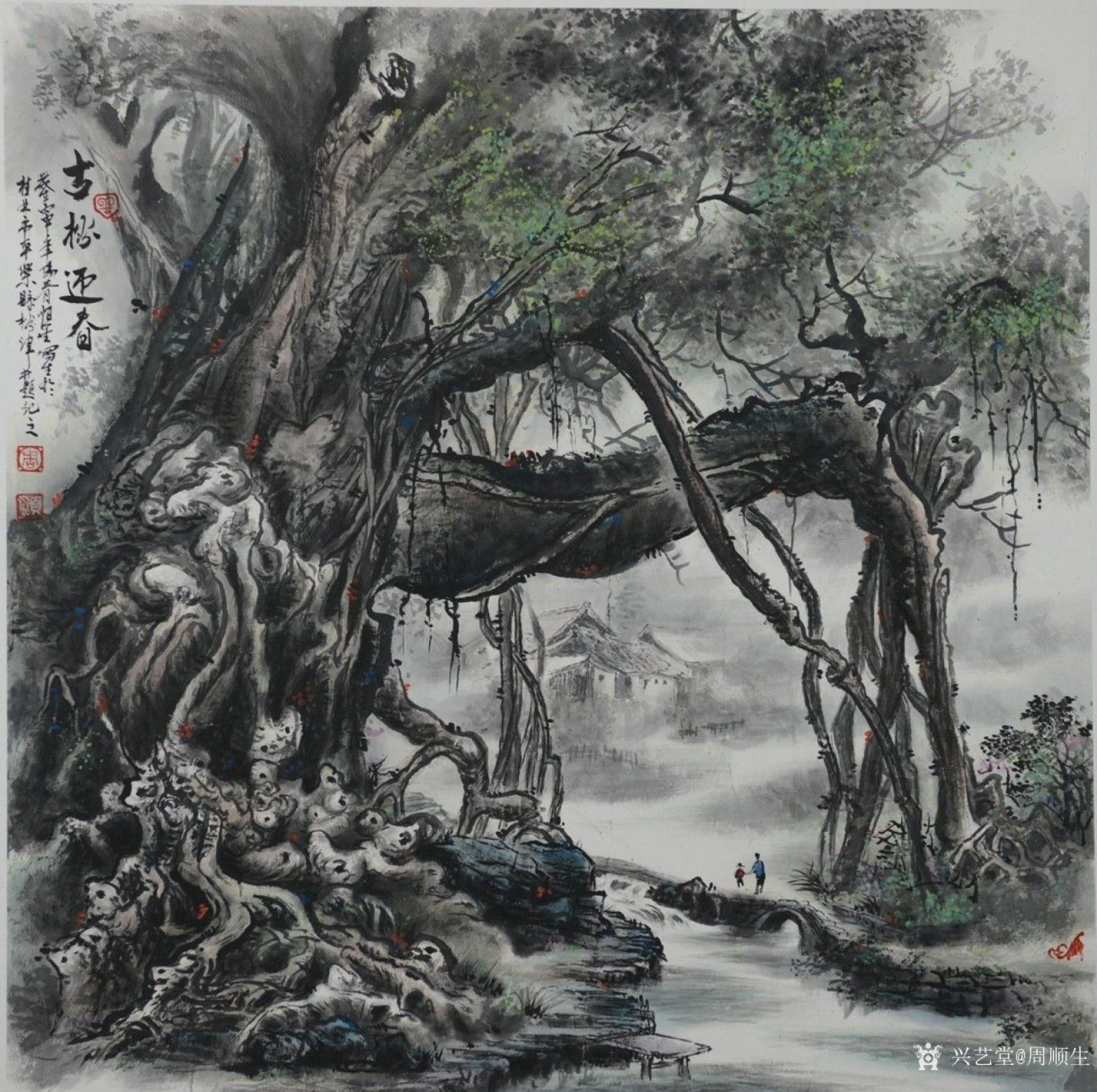 周顺生国画作品《四尺斗方古榕迎春》