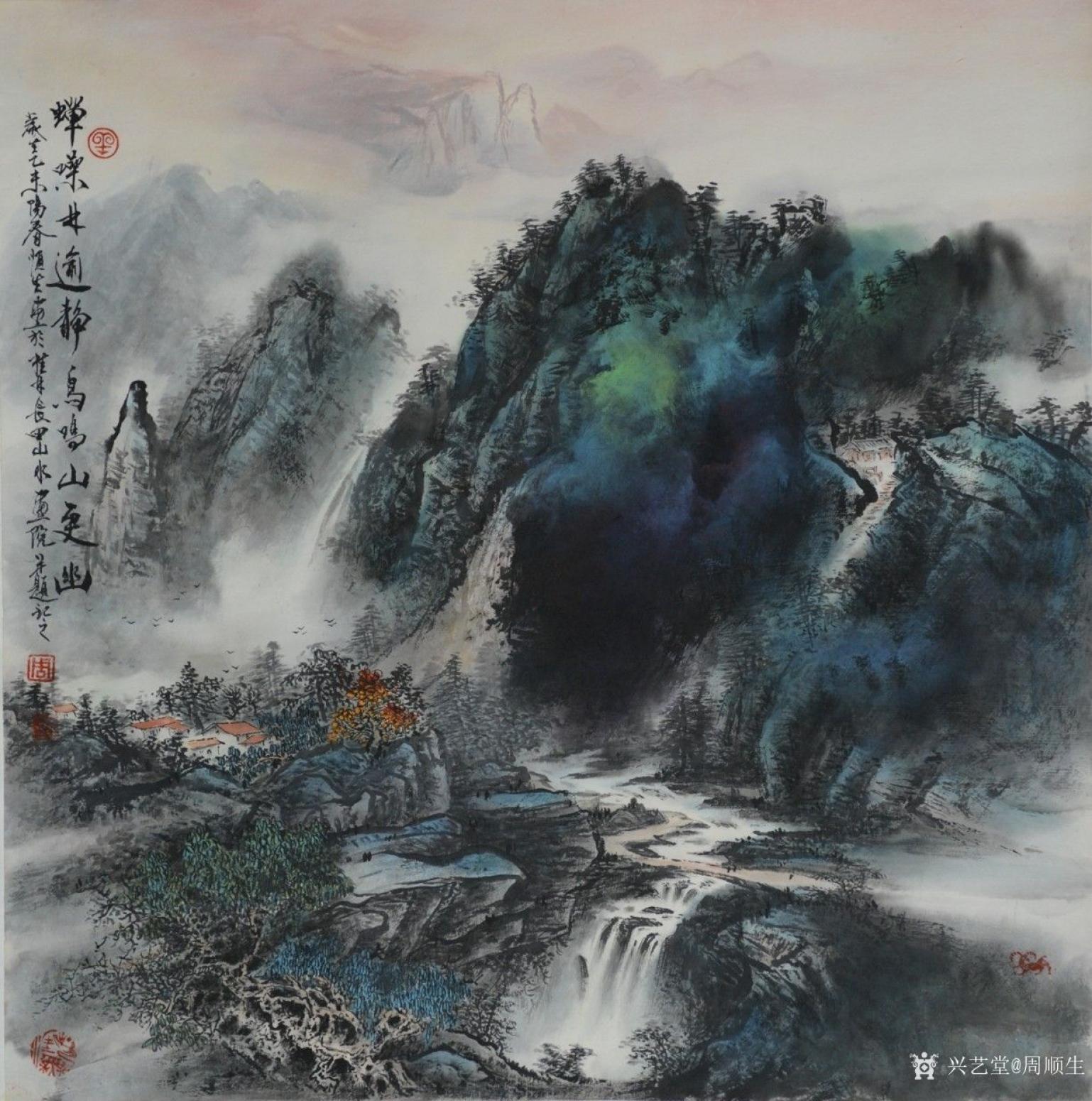 周顺生国画作品《四尺斗方蝉噪林逾静》