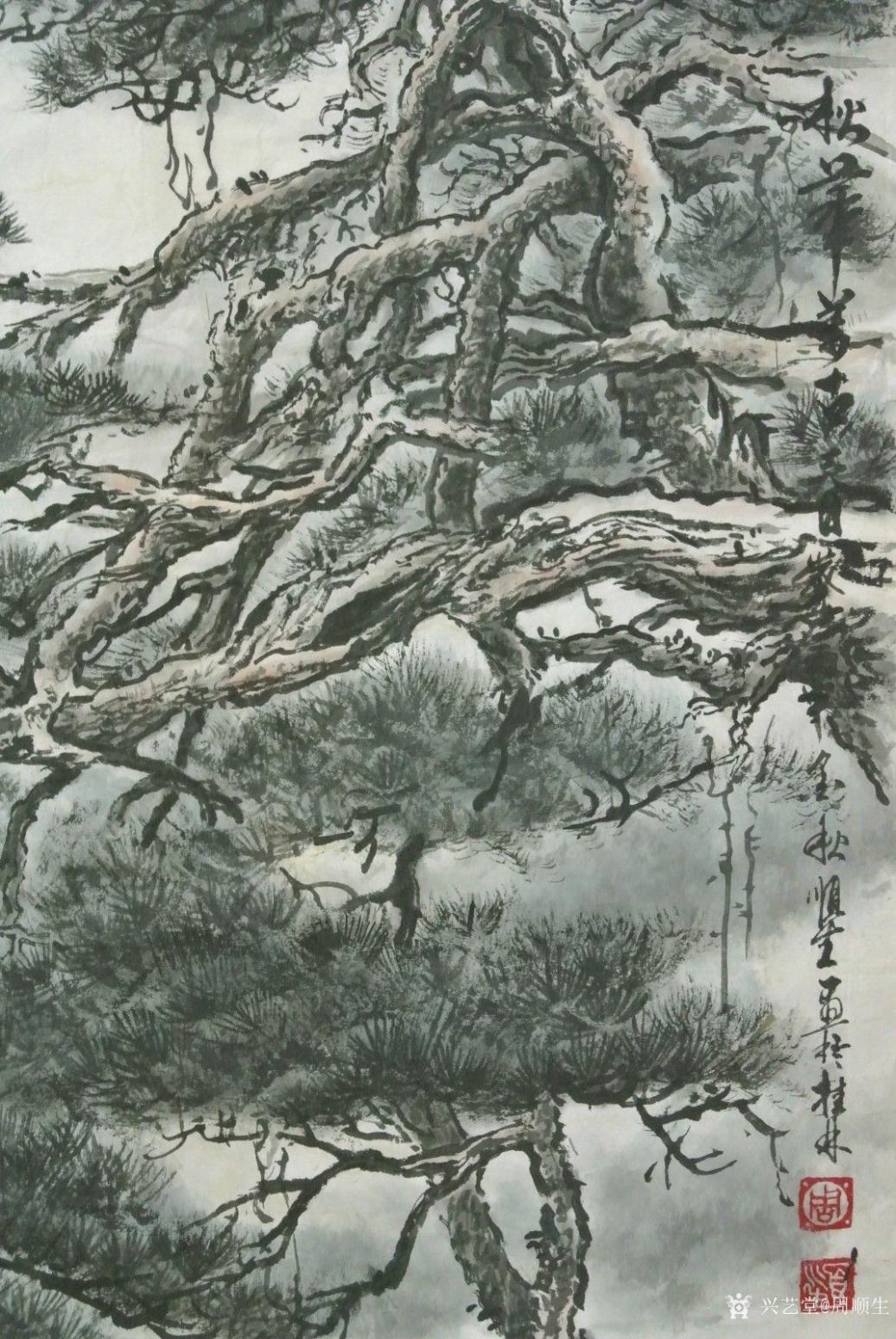 周顺生国画作品《四尺三开松华古春》【图3】