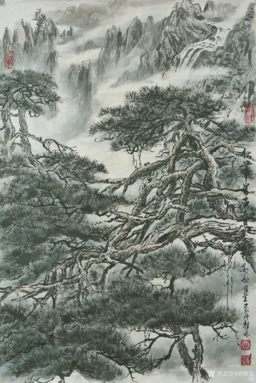 周顺生国画作品《四尺三开松华古春》【图4】