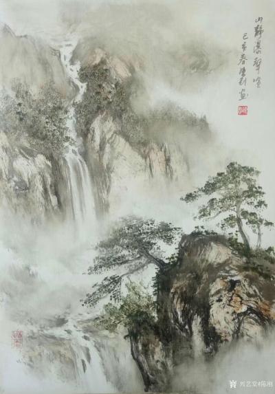 陈刚日记-新年新作分享《山静瀑布声喧》《雁归图》《临江山》，国画山水画，尺寸60×80里面【图1】