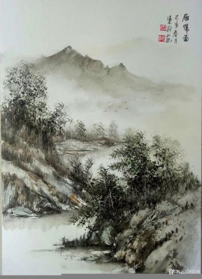 陈刚日记-新年新作分享《山静瀑布声喧》《雁归图》《临江山》，国画山水画，尺寸60×80里面【图2】