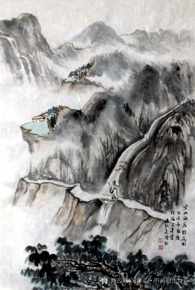 吴谦弘日记-《雨后访友图-吴谦弘山水画2015》，画芯，设色宣纸，约高70宽46厘米。年代：【图1】