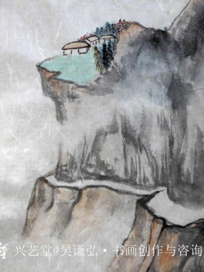 吴谦弘日记-《雨后访友图-吴谦弘山水画2015》，画芯，设色宣纸，约高70宽46厘米。年代：【图5】