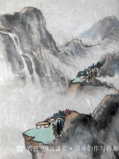 吴谦弘日记-《雨后访友图-吴谦弘山水画2015》，画芯，设色宣纸，约高70宽46厘米。年代：【图7】