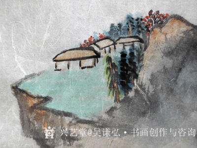 吴谦弘日记-《雨后访友图-吴谦弘山水画2015》，画芯，设色宣纸，约高70宽46厘米。年代：【图8】