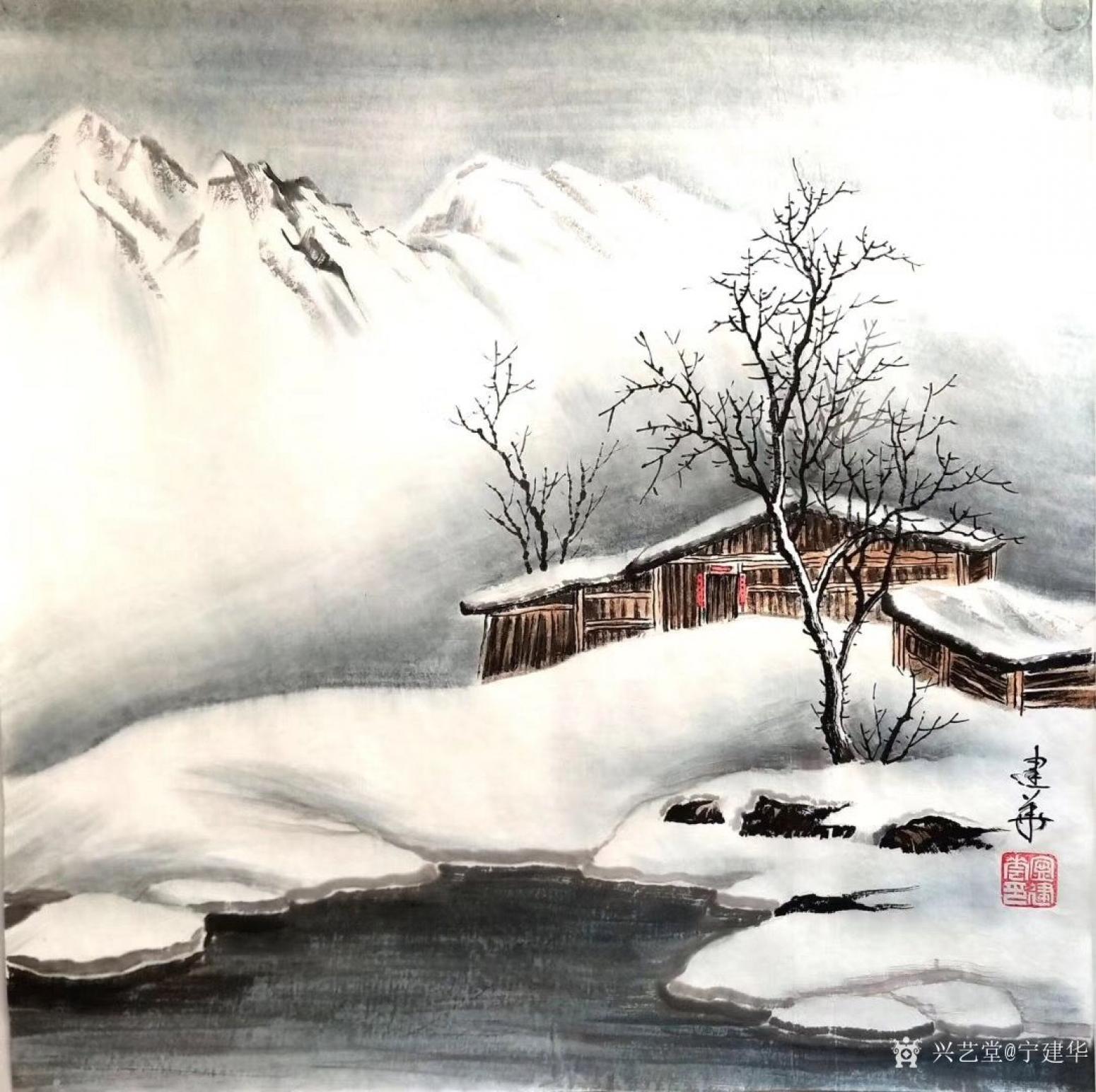 四季水墨风景冬季雪景山水画手绘素材插画图片-千库网
