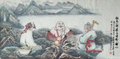 尚建国日记-“欲求不解谜尚须修禅心”大自在弥勒佛国画人物画。乙亥年春月作品。创作感悟：将数载【图1】