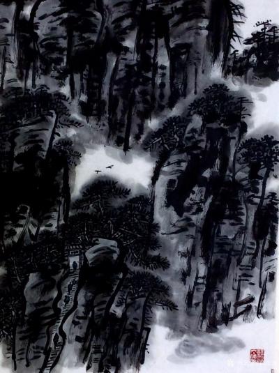 龚光万日记-国画水墨山水画作品“雨里鸡鸣一两家，竹溪村路板桥斜。
妇姑相唤浴蚕去，闲看中庭【图2】