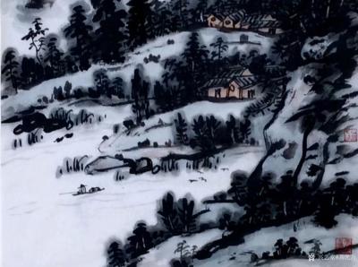 龚光万日记-国画水墨山水画作品“雨里鸡鸣一两家，竹溪村路板桥斜。
妇姑相唤浴蚕去，闲看中庭【图3】