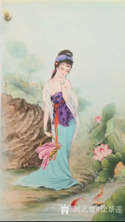 徐景莲日记-新创作的工笔画中国古代四大美女图四条屏《羞花(贵妃醉酒)》、《沉鱼(西施浣纱)》【图2】