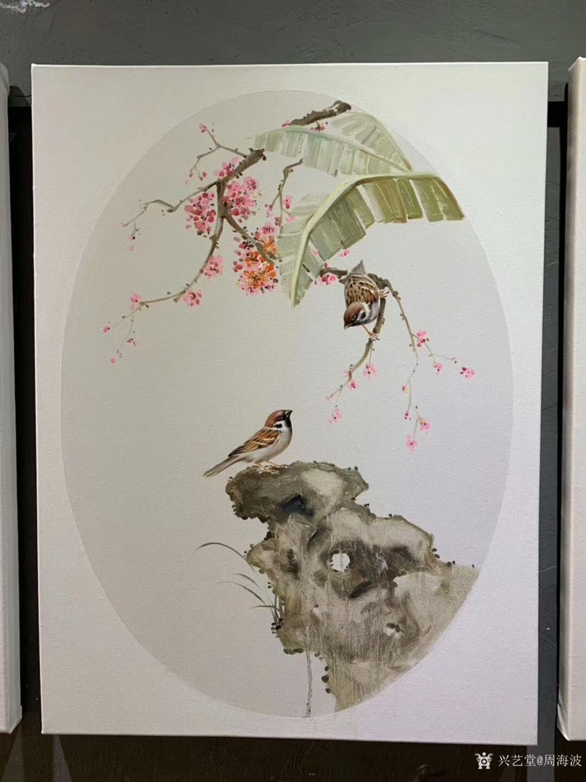 周海波油画作品《新中式油画花鸟3联画》