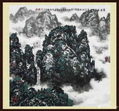 叶向阳日记-国画山水《万嶂叠翠云涌聚炊烟轻靄几人家》，附各位好友为此作品题写的诗词:
  【图1】