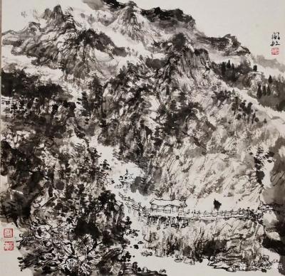 阎敏日记-水墨画作品《墨韵•太行——车佛沟印象》，尺寸四尺竖幅68×138厘米；第二幅作品【图3】