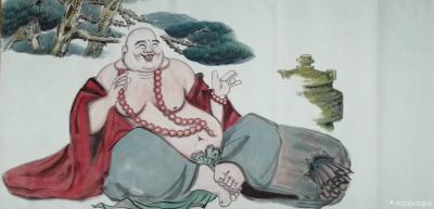 尚建国日记-国画人物画《弥勒也遇难唸的经》作品尺寸小八尺240×98cm，附绘画过程；
 【图2】