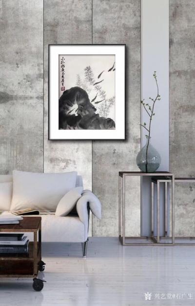 石广生日记-国画花鸟画新作《小孔招鱼》，附装裱效果图；
  答应给小孔画个画，还真的就画了【图1】
