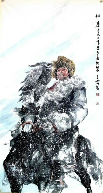 石川日记-国画人物画《草原雄鹰》《守猎》《神鹰》，乙亥年人物画作品三幅，表现草原风情。
【图1】