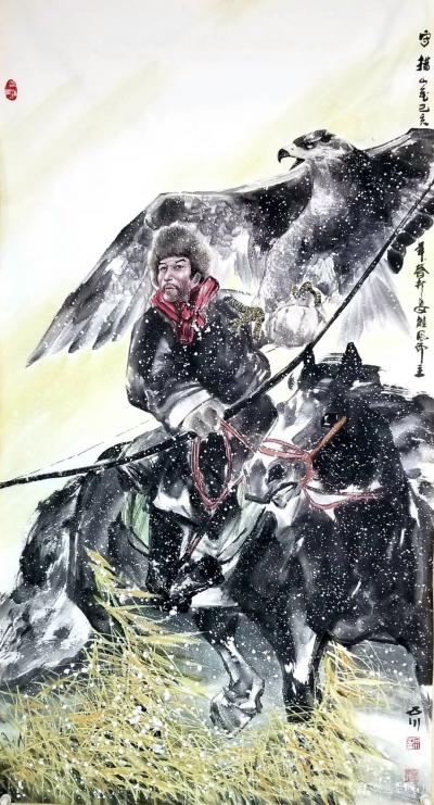 石川日记-国画人物画《草原雄鹰》《守猎》《神鹰》，乙亥年人物画作品三幅，表现草原风情。
【图2】