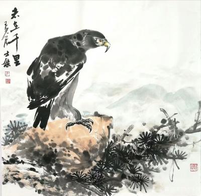 卢士杰日记-国画鹰系列作品《高瞻远瞩，百里秋毫》《志在千里》；
  第三幅国画鹰《心静图》【图2】