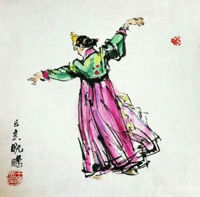 王晓鹏日记-水墨画人物画朝鲜舞蹈《阿里郎》系列作品欣赏。素材人物为:小娟（著名舞蹈家），画出【图3】