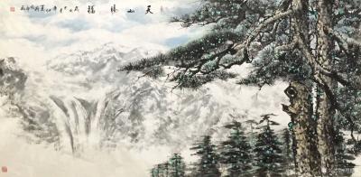 穆振庚生活-2019年7月12日携友游天山天池，合影留念。并作四尺国画山水《天山赐福》。【图5】