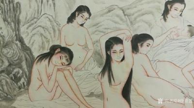 徐景莲日记-国画人物画《溪边洗澡的女人们》，乙亥年仲夏新作品；
  天气炎热，无心绘画，去【图1】