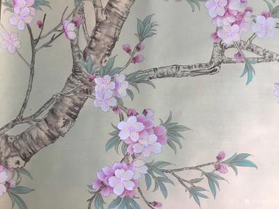 汪林日记-工笔花鸟画《桃花鸳鸯》尺寸140x70cm；附局部图，请欣赏。【图1】