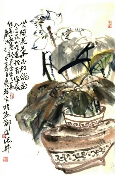 甘庆琼日记-国画荷花《世间花叶不相伦》尺寸三尺整张100X50cm；
  题款“”世间花叶【图1】