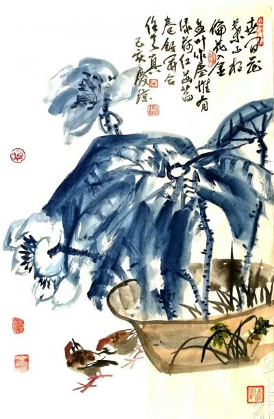 甘庆琼日记-国画荷花《世间花叶不相伦》尺寸三尺整张100X50cm；
  题款“”世间花叶【图2】
